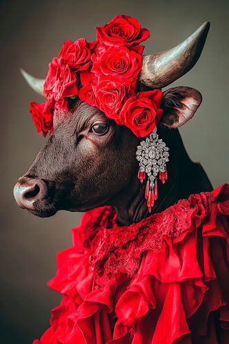 Elegante koe in een rode bloemenkrans