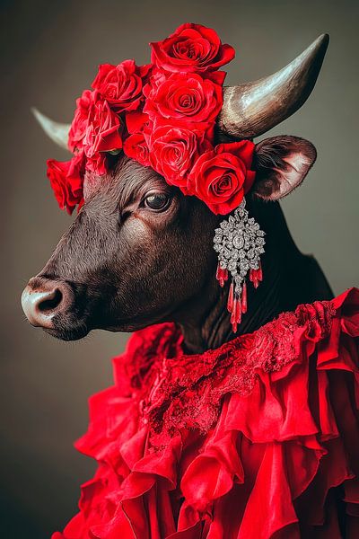 Elegant cow in a red floral wreath by Poster Art Shop