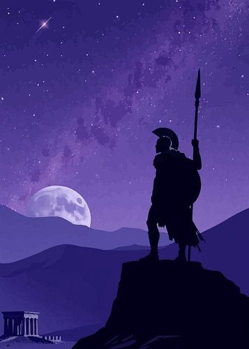 Spartaan op het randje – Silhouet van een hopliet onder de maan