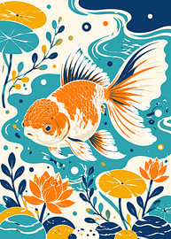 Illustration eines stilisierten Goldfisches im Teich von Karomah Project