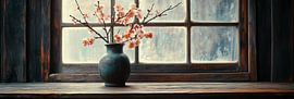 Stilleben Schwarze Vase mit zarter Blüte vor altem Fensterpanorama von Digitale Schilderijen