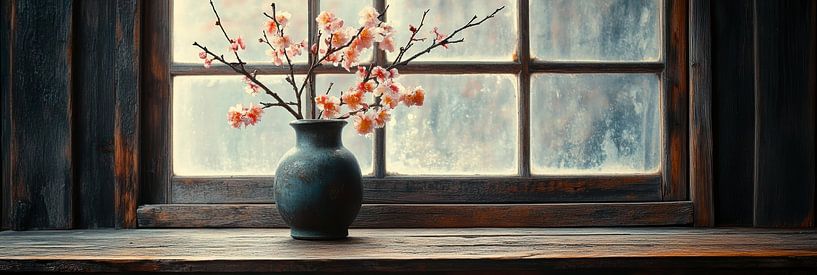 Still life Black vase with soft blossom in front of old window panorama by Digitale Schilderijen
