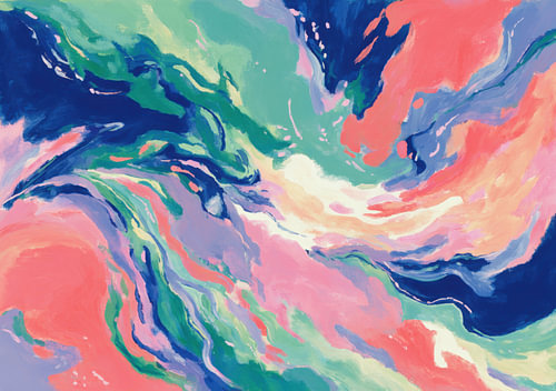 A dynamic explosion of colour in pink, turquoise and blue
