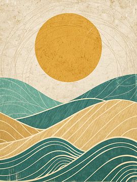 Abstract Serenity: Sun Over Rolling Hills & Waves by Artistic