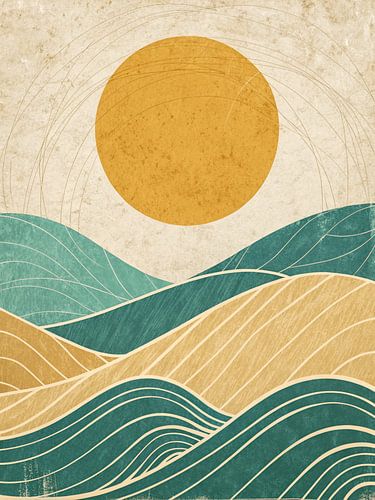 Abstracte sereniteit: Zon over glooiende heuvels & Golven