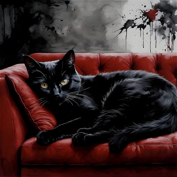 Chat noir sur canapé rouge par S.AND.S