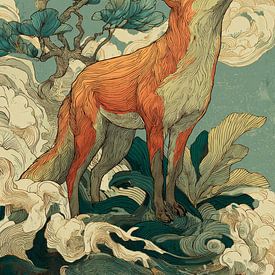 Renard de style japonais avec un soleil rouge et des éléments naturels sur Eva Lee