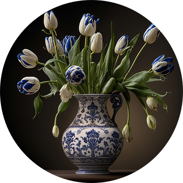 Delftsblauwe vaas met tulpen van Rene Ladenius Digital Art