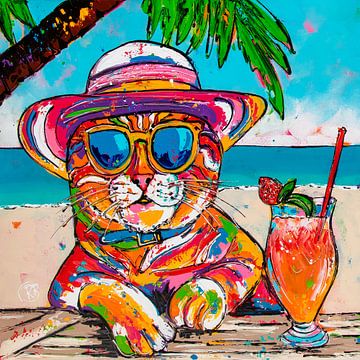 Strandgenot: Vrolijke Cocktailkat van Happy Paintings