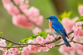 Blauwe vogel in de kersenbloesemboom van Poster Art Shop