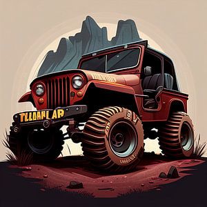 Jeep rouge sur une montagne en dessin animé