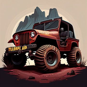 Rode jeep op berg in cartoon stijl van Harvey Hicks