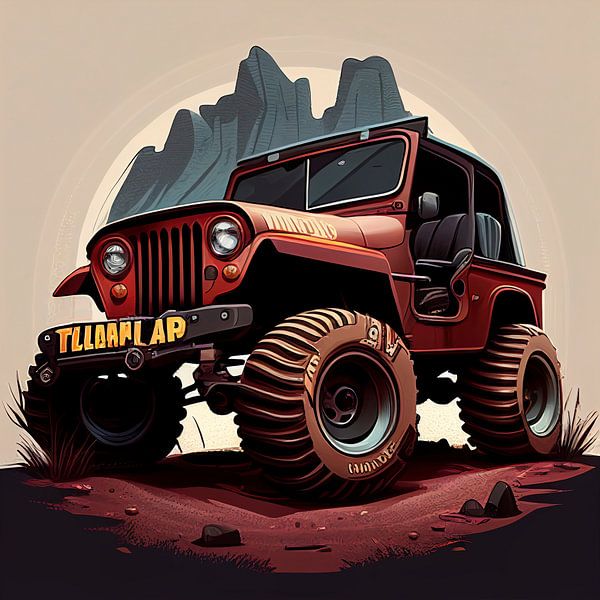 Rode jeep op berg in cartoon stijl van Harvey Hicks