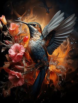 Levendige, door AI gegenereerde beeldende kunst: kleuren, bloemen en fotorealistische kolibrie