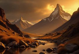 Landschaft bei Sonnenuntergang: Flusstal und schneebedeckte Berge von Markus Gann