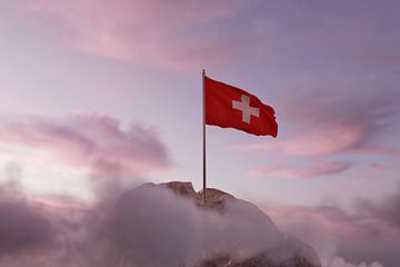Zwaaiende Zwitserse vlag in het prachtige avondlicht van Besa Art