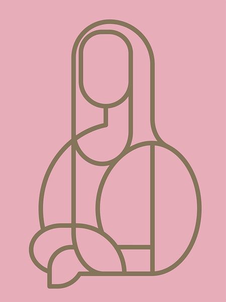 Mona Lisa abstrakte Linie Illustration auf weichen rosa Hintergrund mit goldbraunen Linie Muster von Michel Rijk