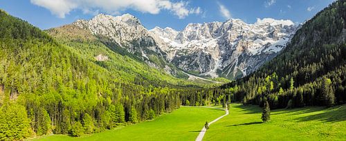 Zgornje Jezersko vallei vanuit de lucht gezien in de lente