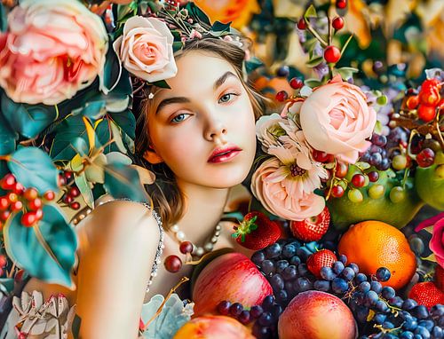 Femme avec un décor de fruits et de roses