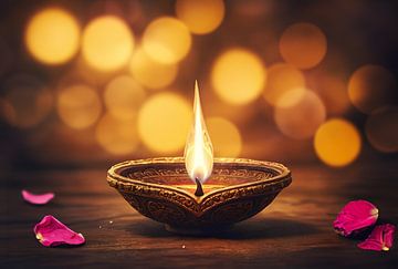 Verlichte diya op een houten tafel tijdens diwali in India van Eye on You