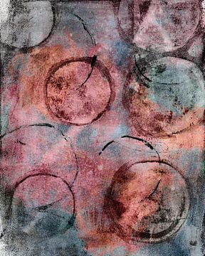 Abstracte compositie met cirkels. Roze, paars, oranje en warme grijze kleuren van Dina Dankers