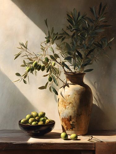 Nature morte avec un vase et des branches d'olivier
