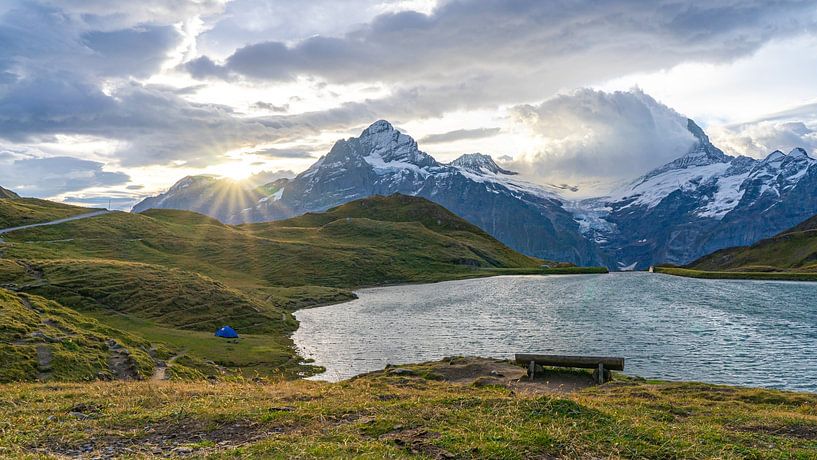 Sunrise with tent at Bachalpsee in Switzerland by Jessica Lokker