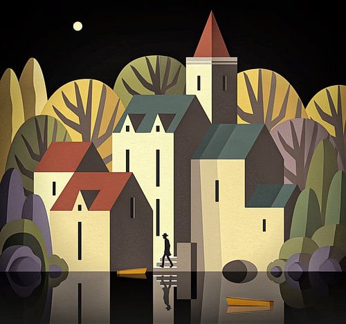 Dorpje aan de vaart in maanlicht