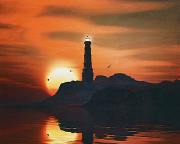 Leuchtturm mit Sonnenuntergang und wirbelnden Spitzenwolken von Jan Keteleer