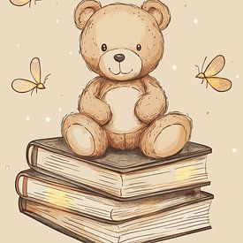 Teddybeer op een stapel boeken met vliegende insecten van Pixelbull Design