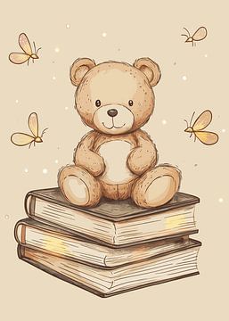 Teddybeer op een stapel boeken met vliegende insecten van Pixelbull Design