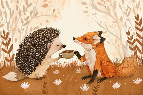 Egel en vos delen een moment in bos