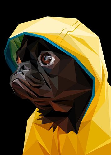 Zwarte hond en gele regenjas Abstract Low Poly
