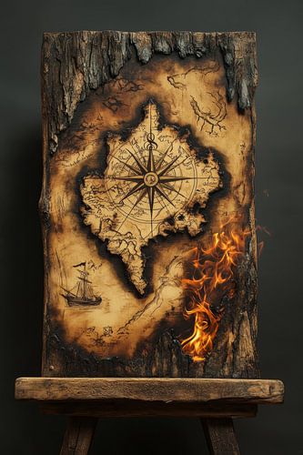 Treasure map burnt into a wooden stool