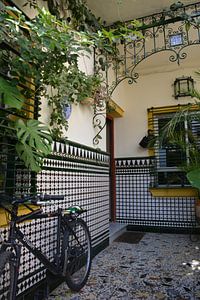Porche avec bicyclette, plantes et carreaux à Séville sur My Footprints