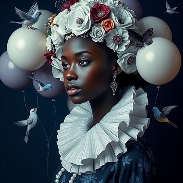 Portrait delft bleu art moderne fille noire-afro avec fleurs. par J.a Dijkstra