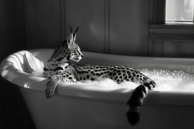 Serval in the bathtub - A charming piece of bathroom art for your WC by Poster Art Shop