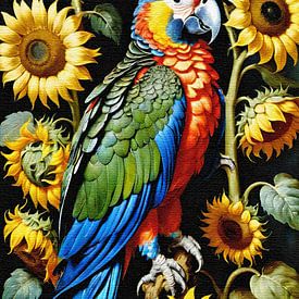 Papegaai tussen zonnebloemen -2 van Maud De Vries