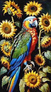 Papagei zwischen Sonnenblumen -2 von Maud De Vries