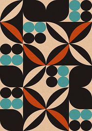 Retro 70er Jahre Wohnen. Abstrakte geometrische Kunst in schwarz, gebranntes Orange, hellblau, weiß II von Dina Dankers
