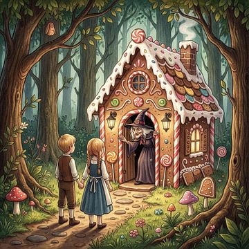 Hansel and gretel approaching witch's gingerbread house in fores by Markus Gann