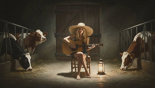 Gitarre spielen zwischen Kühen