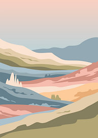 Minimalistische Pastelllandschaft mit sanften Hügeln, einem sich schlängelnden Fluss und geschichteten Bergen