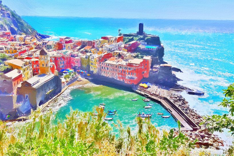 Digitaal schilderij Cinque Terre Vernazza Italiaanse Rivièra Riviera Italië Italie van VenVision Art