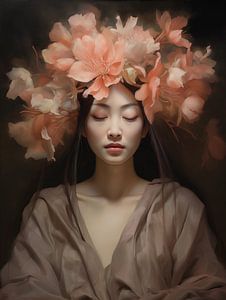 Portrait Femme japonaise avec fleurs | Lotus sur Mauve Design