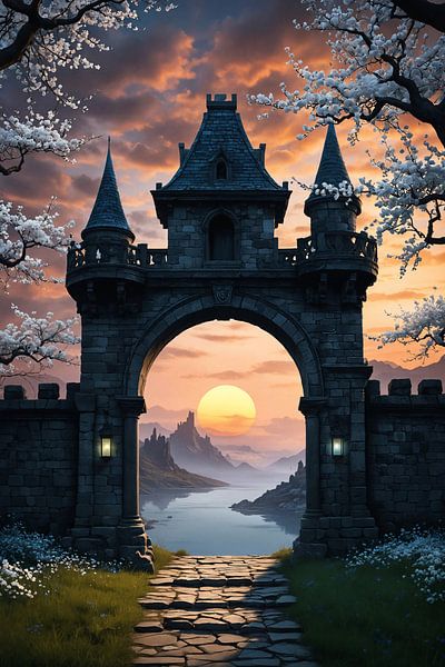 Stone archway leading to magical fantasy castle at sunset by Markus Gann