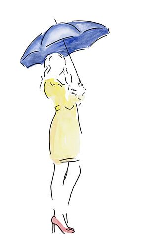 Waiting in the rain (line drawing watercolor painting woman umbrella autumn sexy lady yellow blue re
