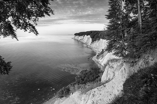 Krijtrotsen aan de kust van Rügen. Zwart-wit beeld.