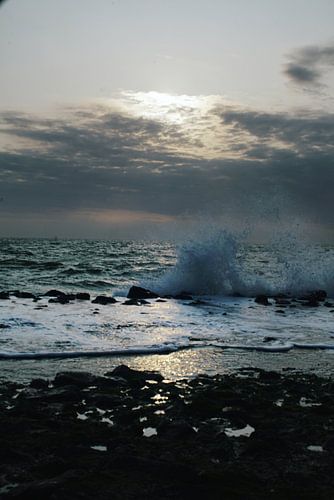 Dramatic Ocean Wave Breaking on Rocky Shore