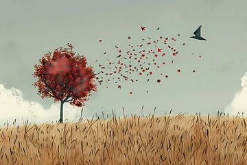 Minimalist autumn tree with swirling leaves by Art & Soul Creations